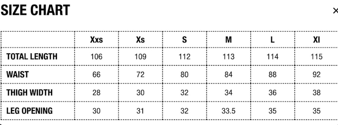 ENORMITE DESTROYED DENIM size chart