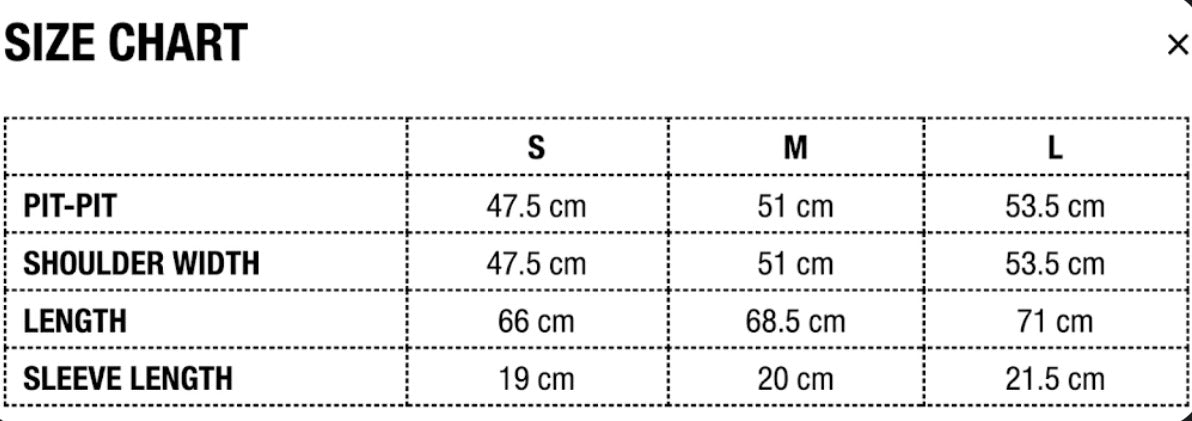 BDM T-SHIRT size chart